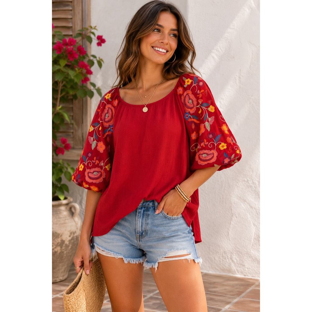 Umgee USA Embroidered Floral Balloon Sleeve Linen Blend Boho Top Red Size M